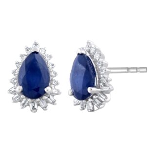 Sapphire Pear Earrings with 0.12ct Diamonds In 9K White Gold