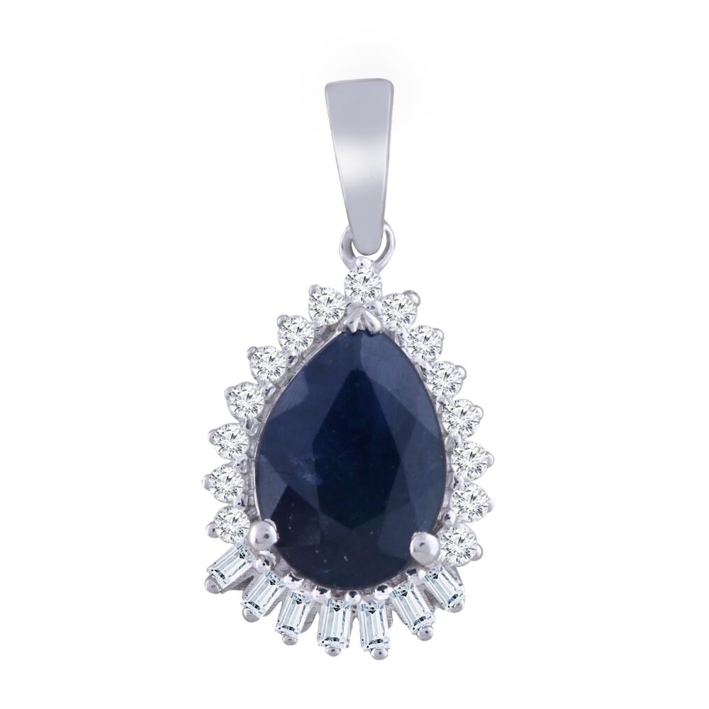 Pear Sapphire Pendant with 0.08ct Diamond In 9K White Gold