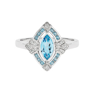 9k White Gold Blue Topaz & 0.10ct TW Diamond Dress Ring